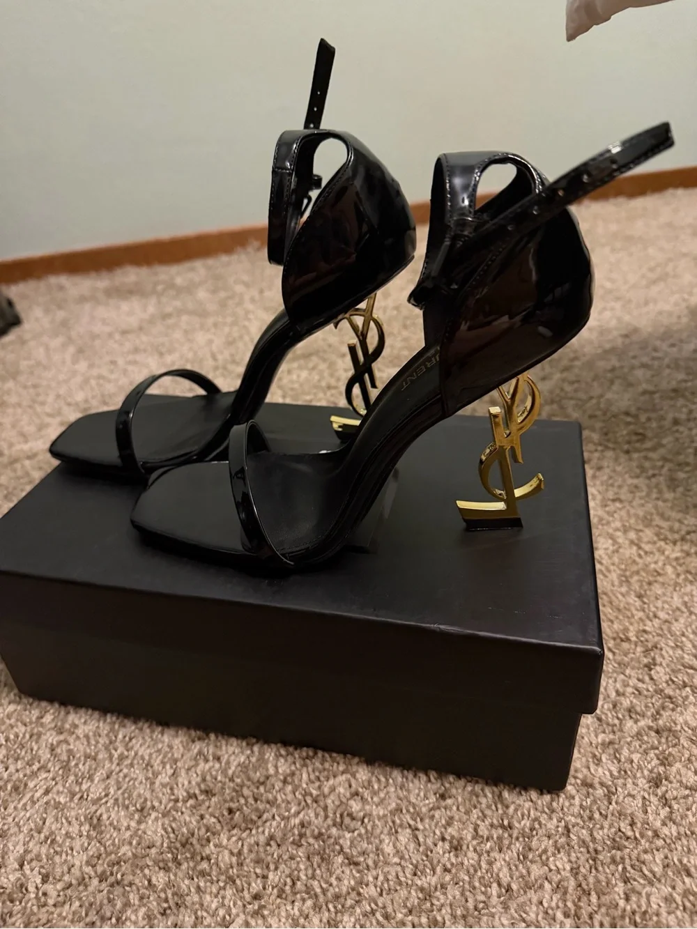 Saint Laurent Black Patent Heeled Sandals with Gold YSL Logo Heel
